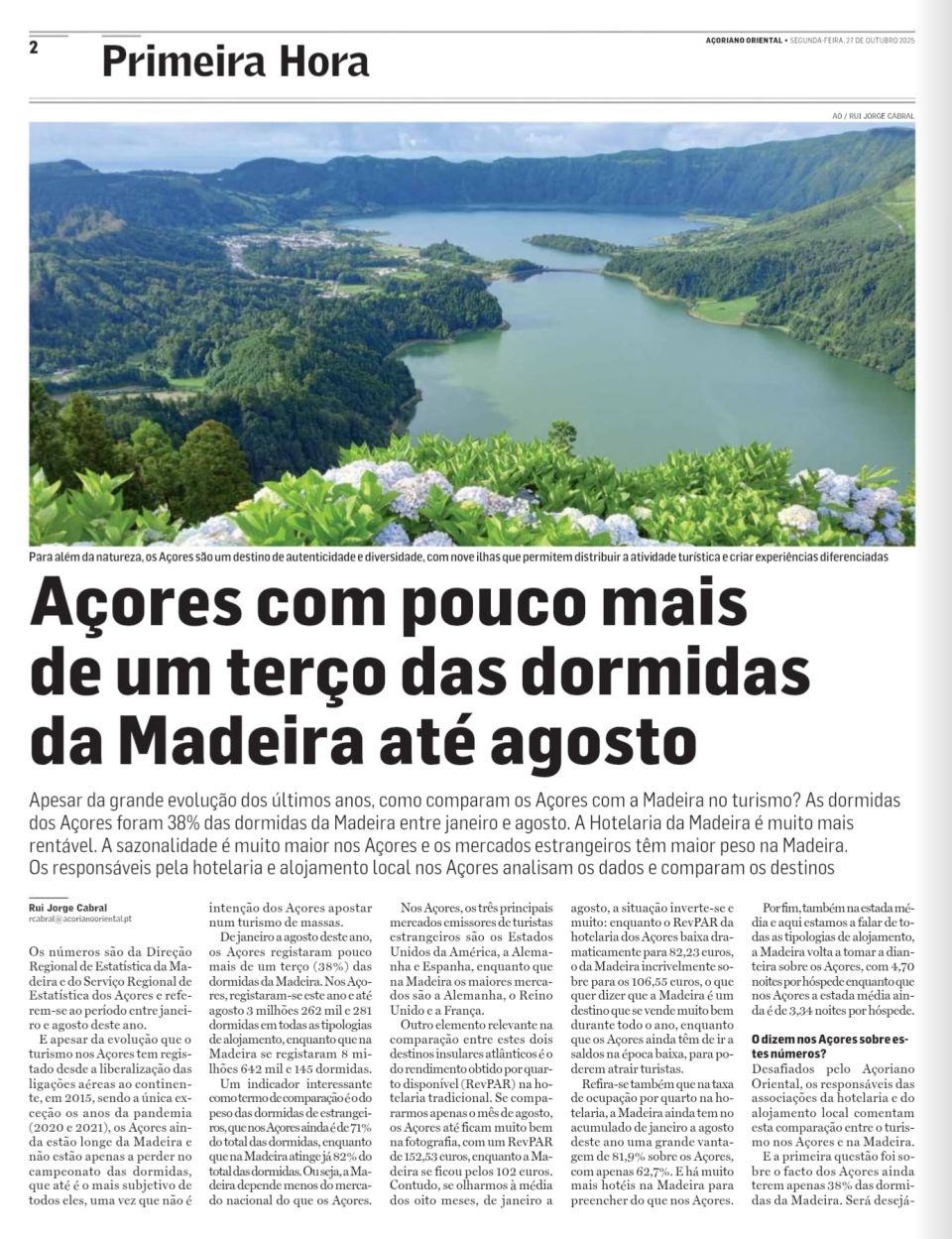 Açores com pouco mais de um terço das dormidas da Madeira até agosto